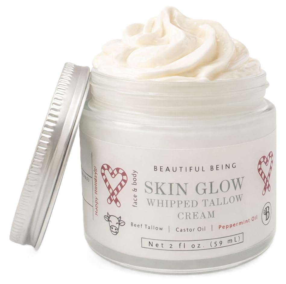 Beautiful Being Skin Glow whipped tallow jar closeup shows creamy texture for deep hydration.