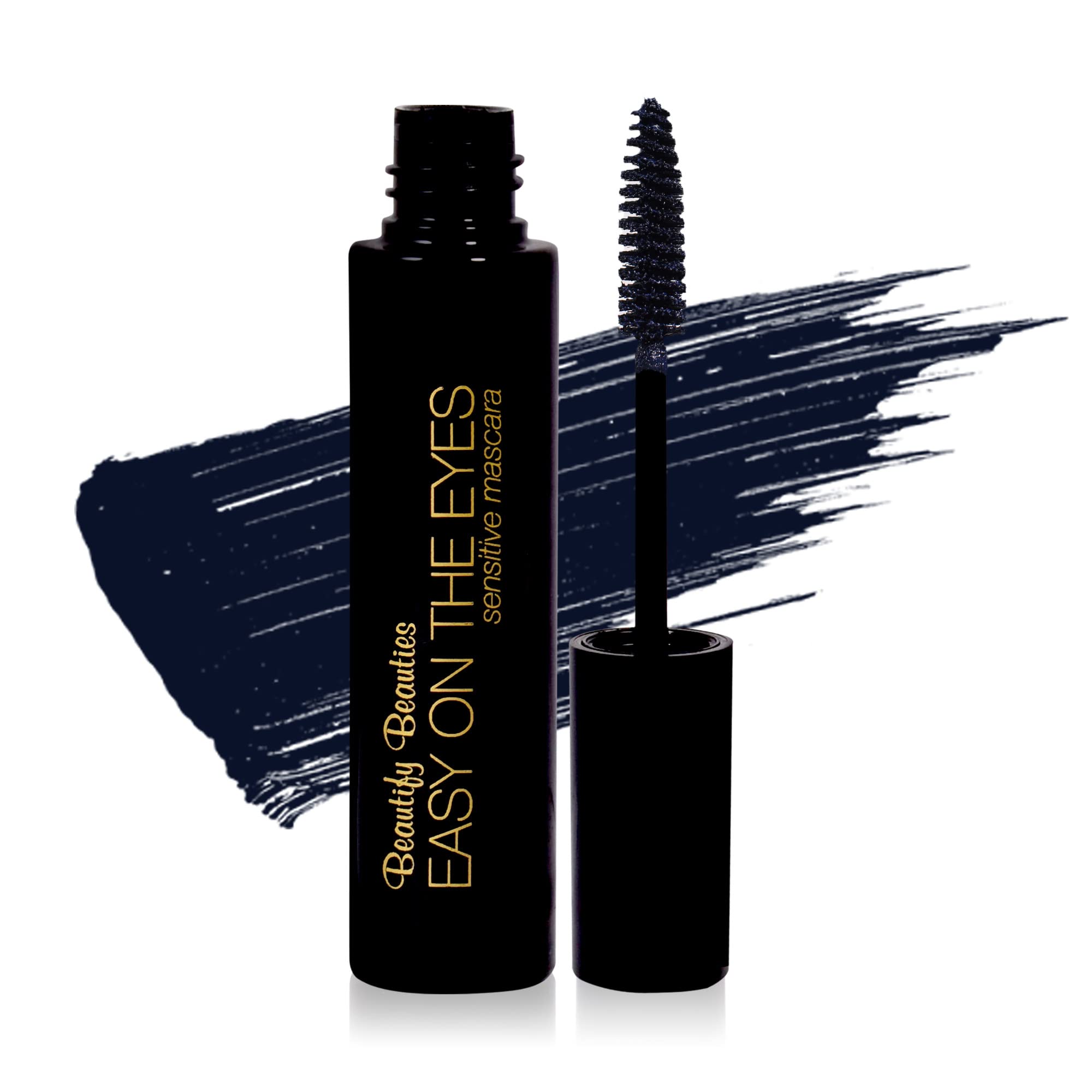BeautifyBeauties Easy on the Eyes mascara tube, hypoallergenic formula.
