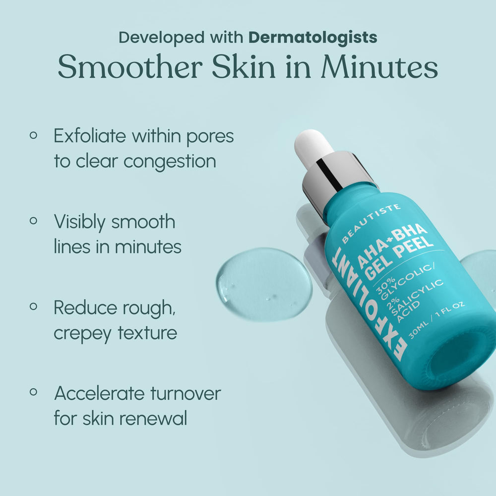 Beautiste 30 Day Miracle bottle close-up highlights exfoliating action