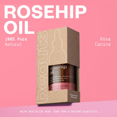 Close-up of Beauts Rosehip Seed Oil texture showing silky consistency.