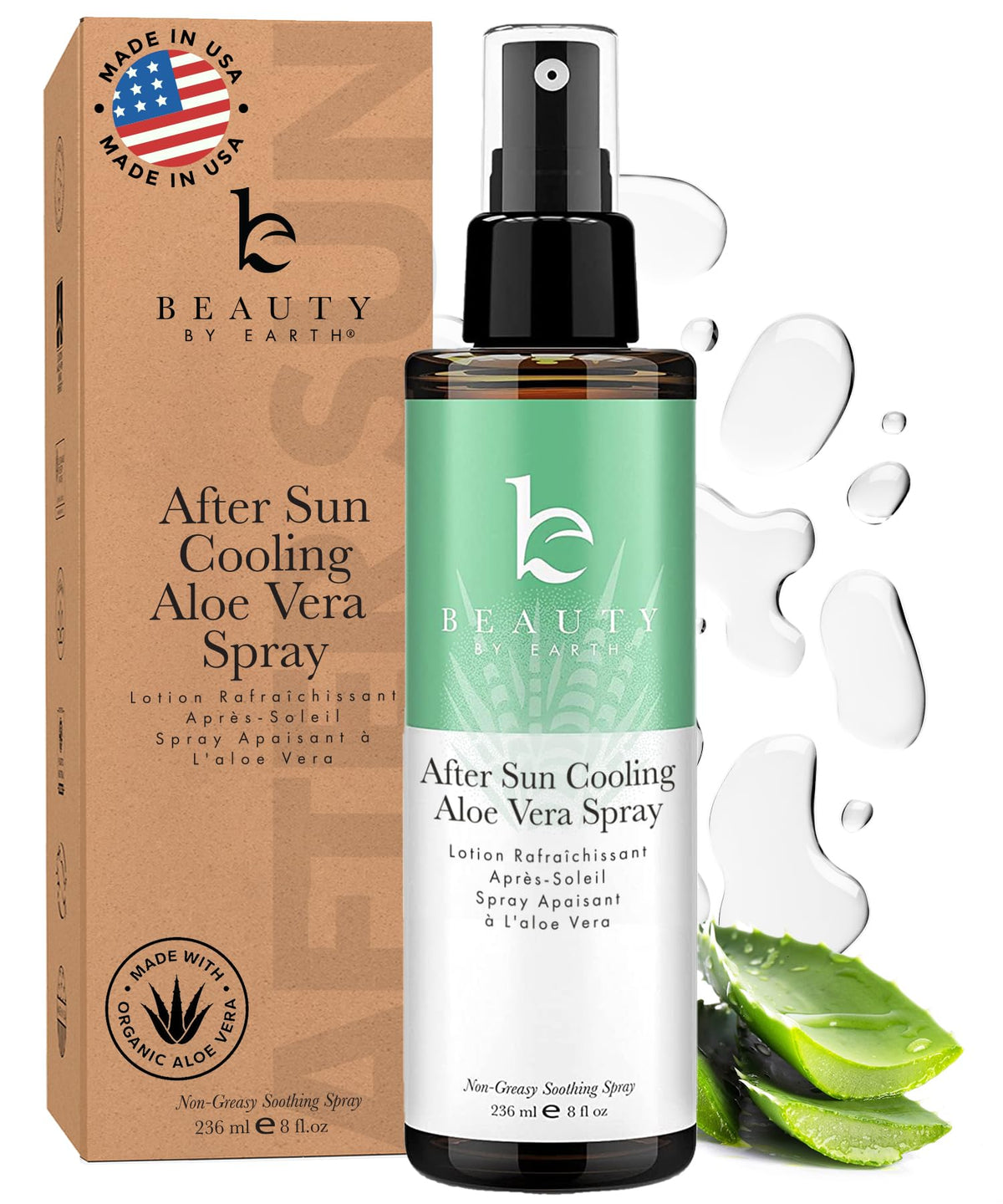 Beauty by Earth after-sun cooling spray bottle showing spray action for sunburn relief