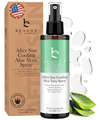 Beauty by Earth after-sun cooling spray bottle showing spray action for sunburn relief