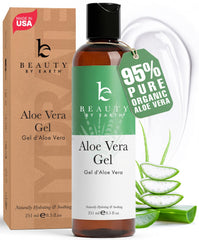 Beauty by Earth Aloe Vera Gel bottle close-up showing pure, soothing hydration for skin.