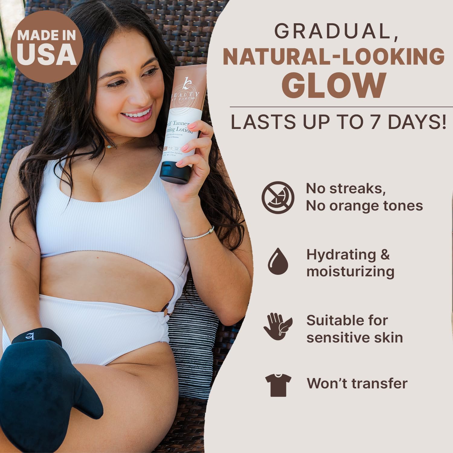 Beauty by Earth application glove ensures smooth, even coverage.