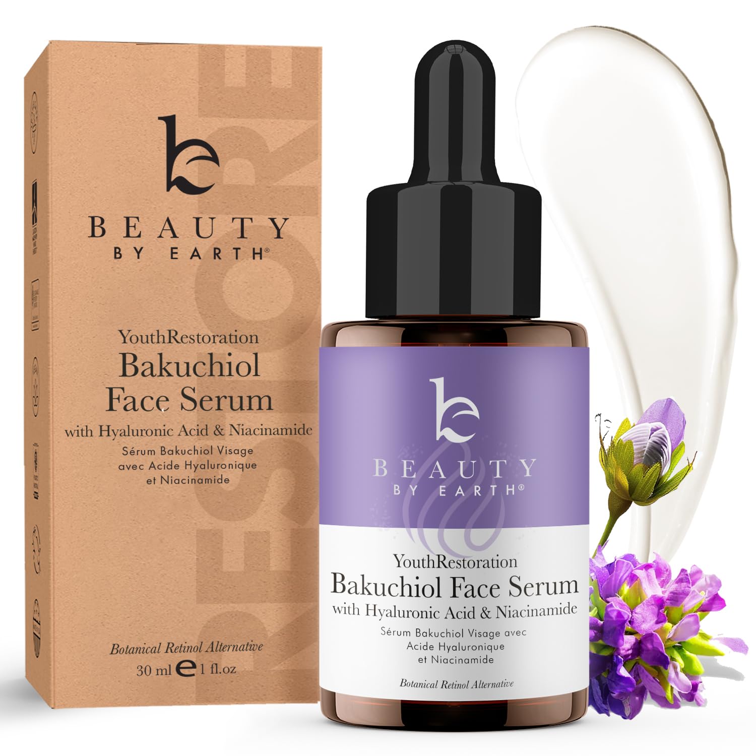 Beauty by Earth bakuchiol serum bottle closeup showing a plant-based option for smoother skin.