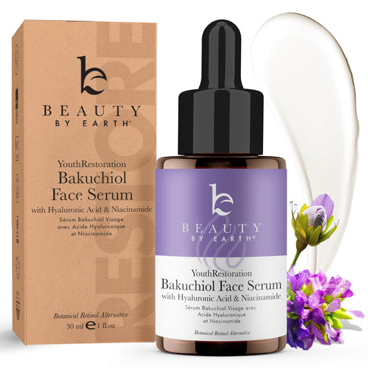 Beauty by Earth bakuchiol serum bottle closeup showing a plant-based option for smoother skin.