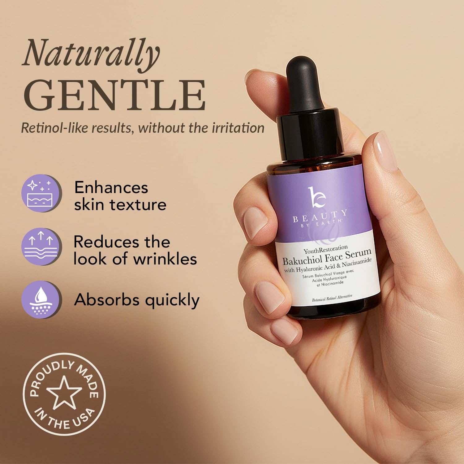 Beauty by Earth bakuchiol serum texture swatch demonstrates silky, lightweight finish.