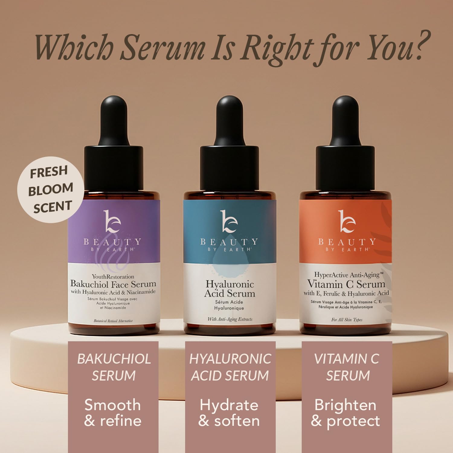 Beauty by Earth bakuchiol serum vial on table conveys premium skincare.