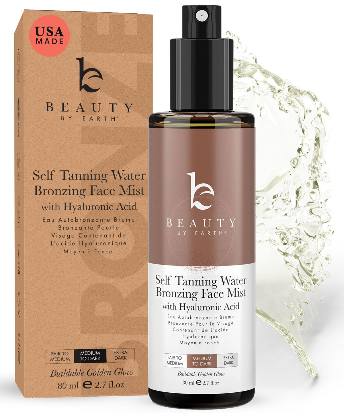 Beauty by Earth bronzing face tanner spray bottle ready for natural, buildable tan.
