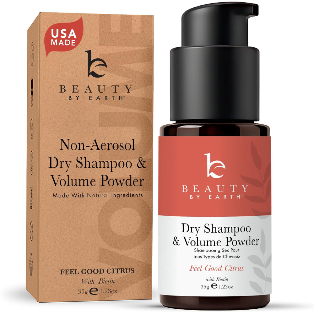 Beauty by Earth dry shampoo powder bottle shows oil absorption for a refreshed look.