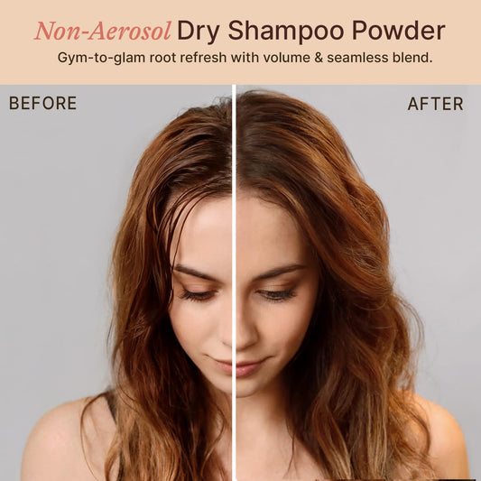 Beauty by Earth dry shampoo powder pour demonstrates easy, quick root refreshing.