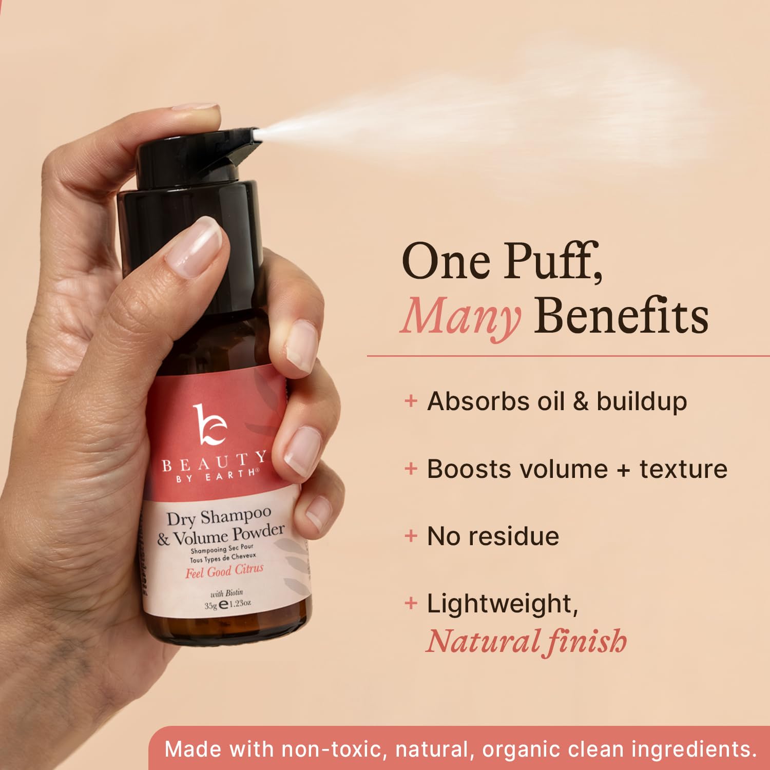 Beauty by Earth texture close-up emphasizes natural powders for a clean finish.