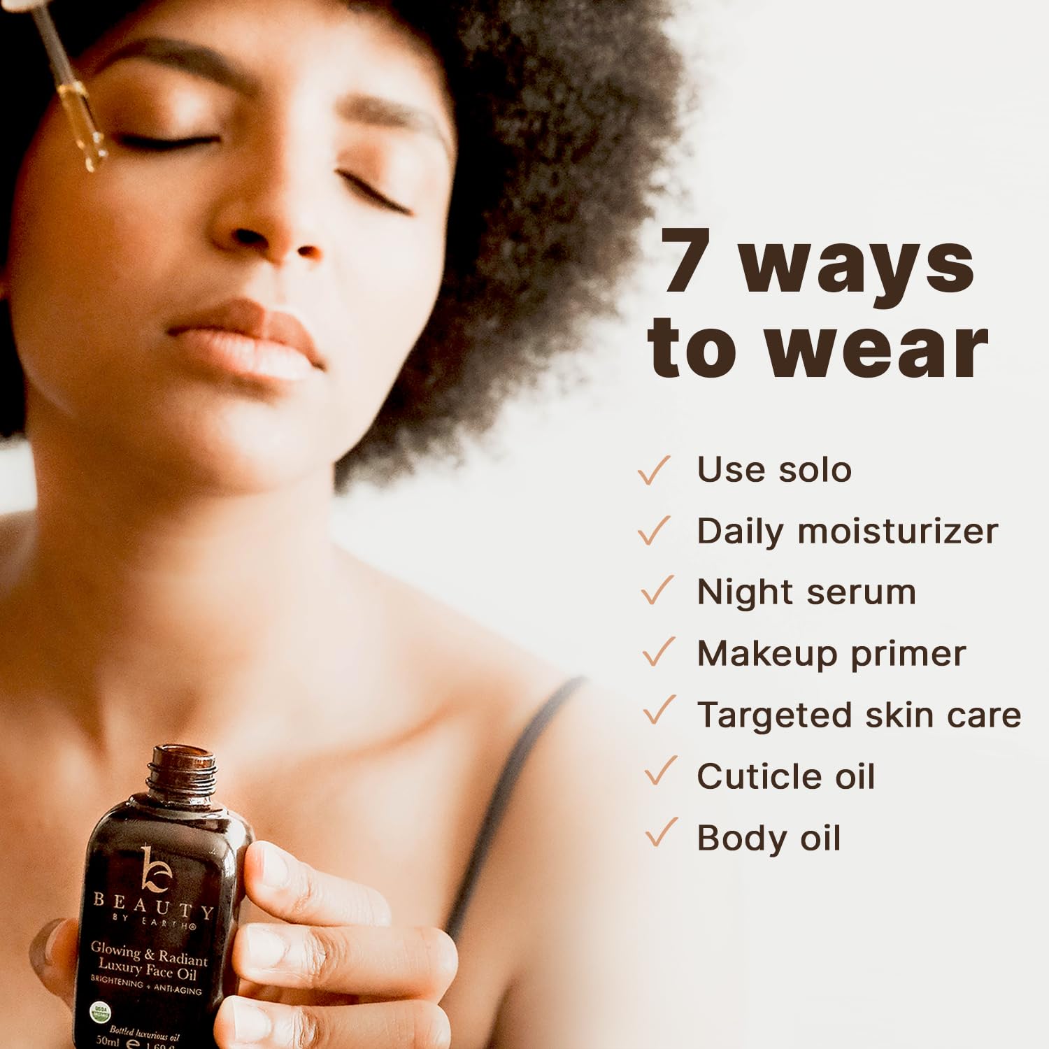 Beauty by Earth face oil on skin showing a non-greasy finish.