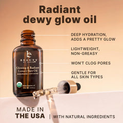Texture and glow of Beauty by Earth face oil on skin, silky finish.
