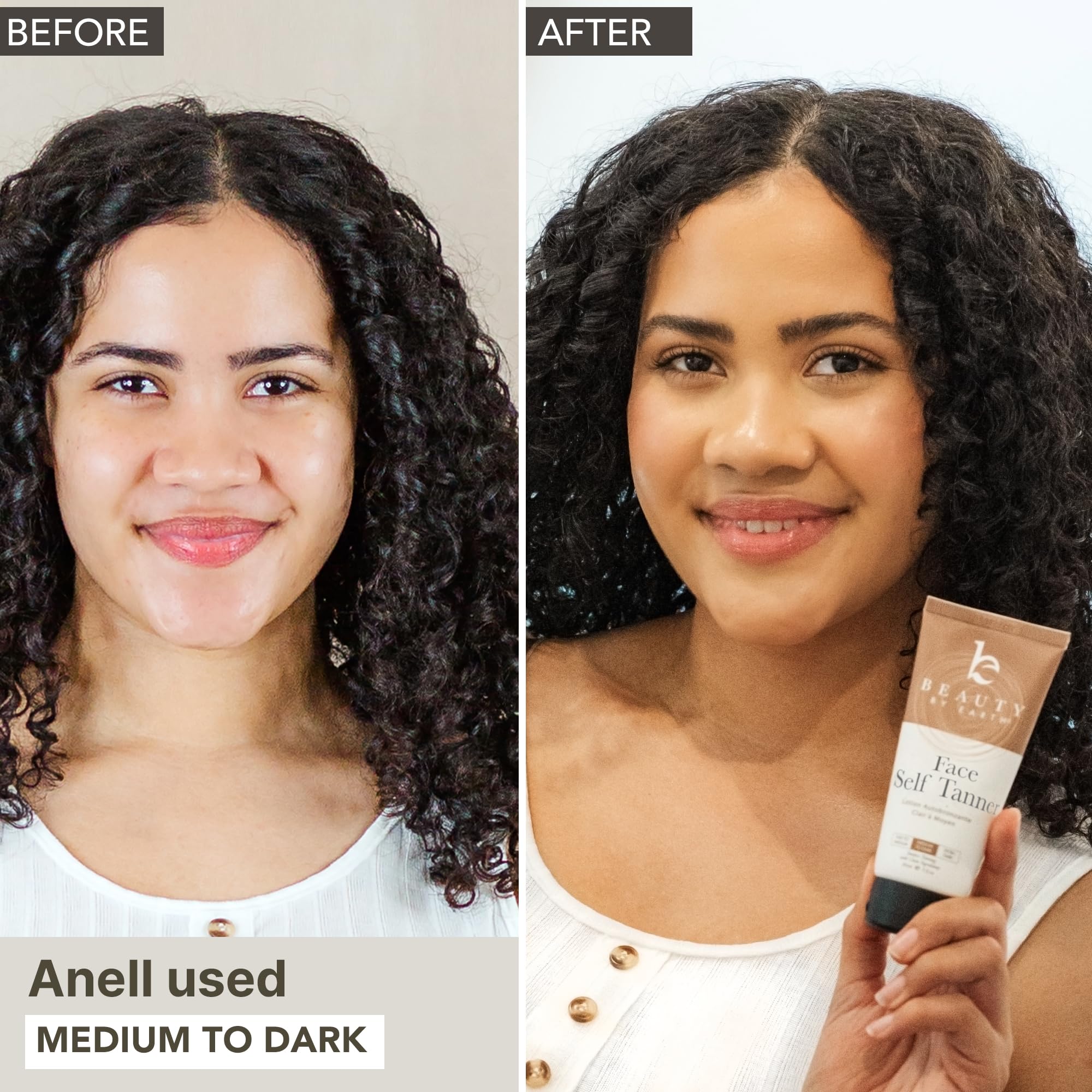 Beauty by Earth Face Tanner being applied to cheek for gradual tan.