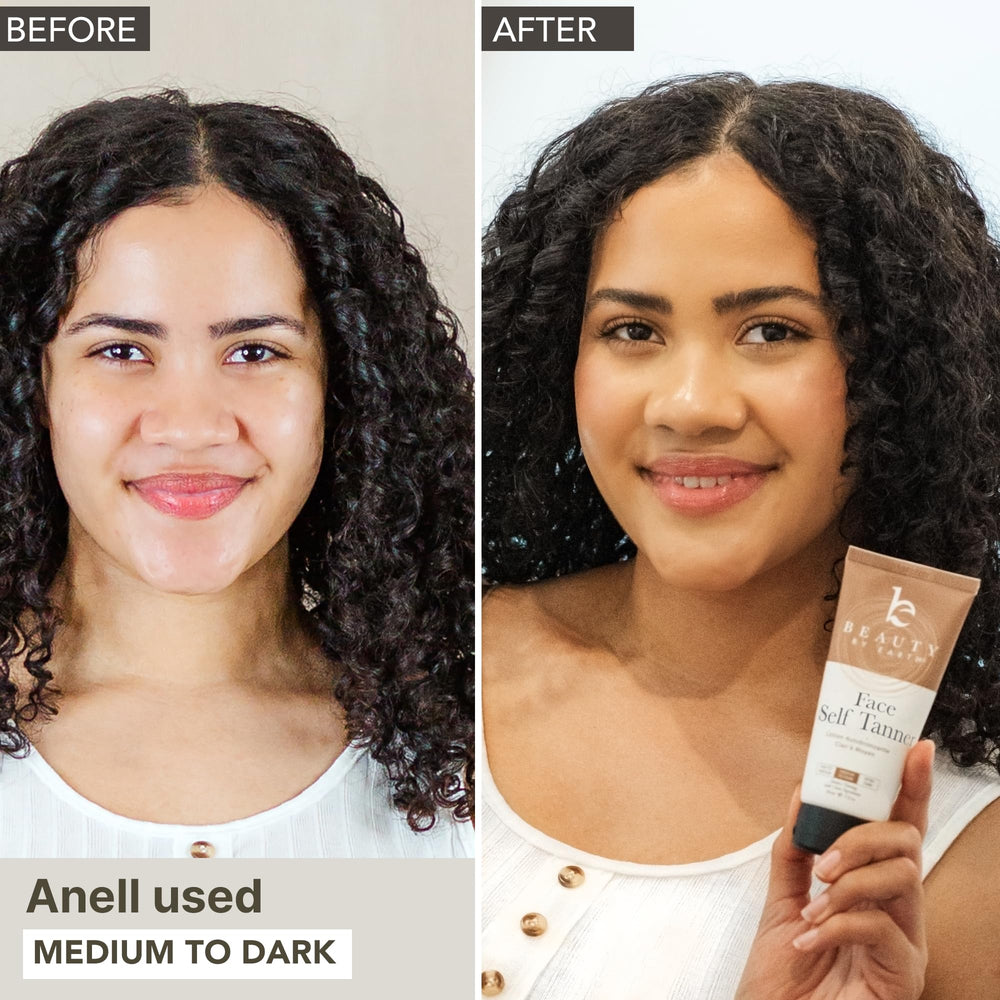 Beauty by Earth Face Tanner being applied to cheek for gradual tan.