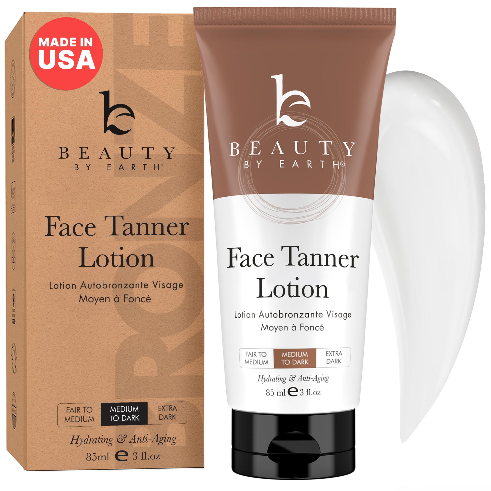 Beauty by Earth Face Tanner bottle close-up showing natural glow and gentle formula.