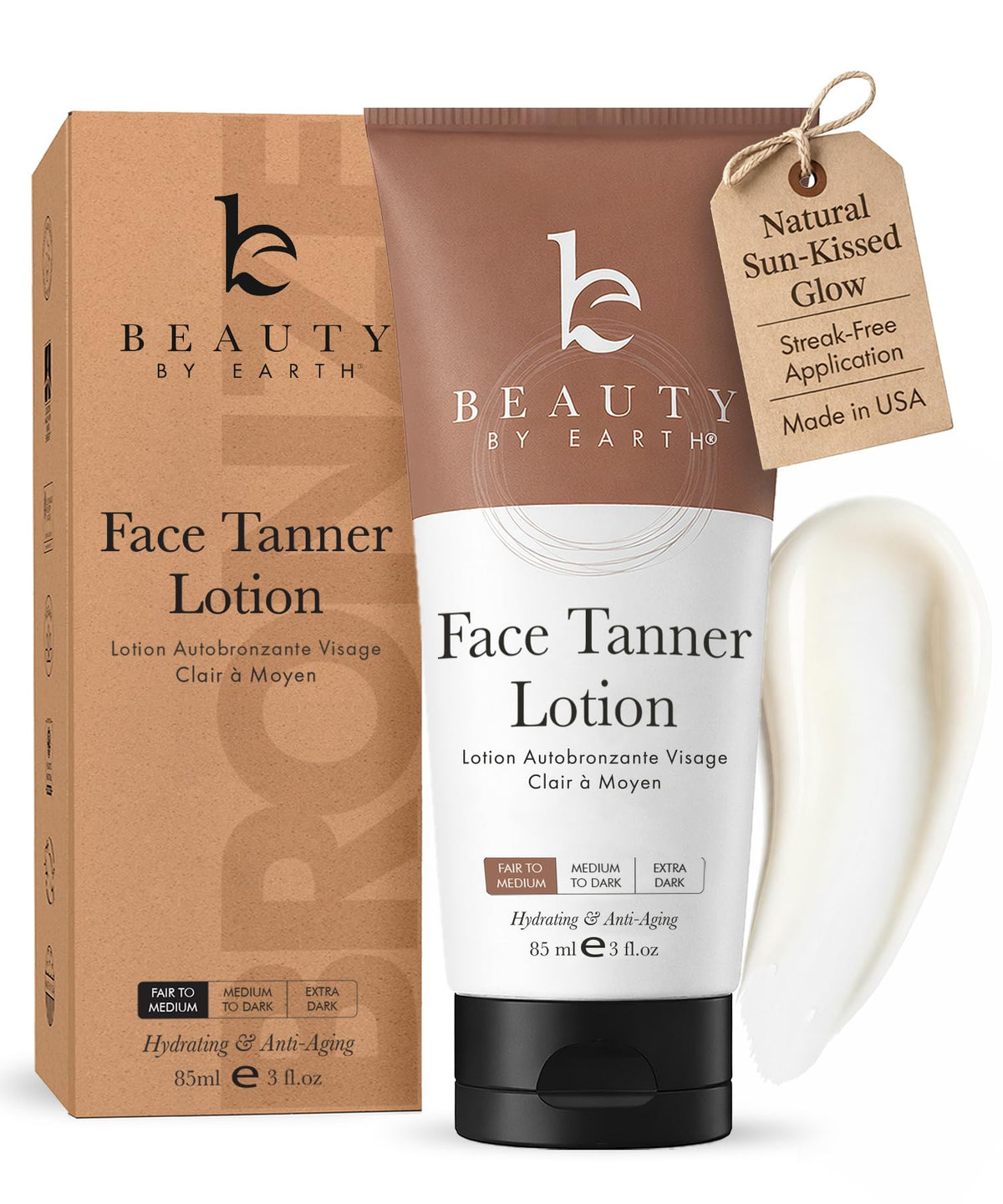 Beauty by Earth face tanner bottle shown for natural, gradual glow