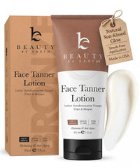Beauty by Earth face tanner bottle shown for natural, gradual glow