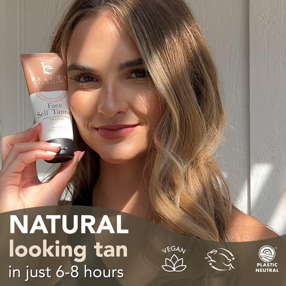 Beauty by Earth Face Tanner close-up showing buildable color for personalized glow.