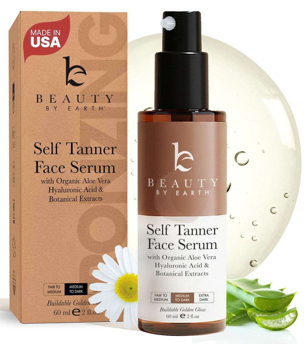 Beauty by Earth Face Tanner Serum bottle for a natural, streak-free glow.
