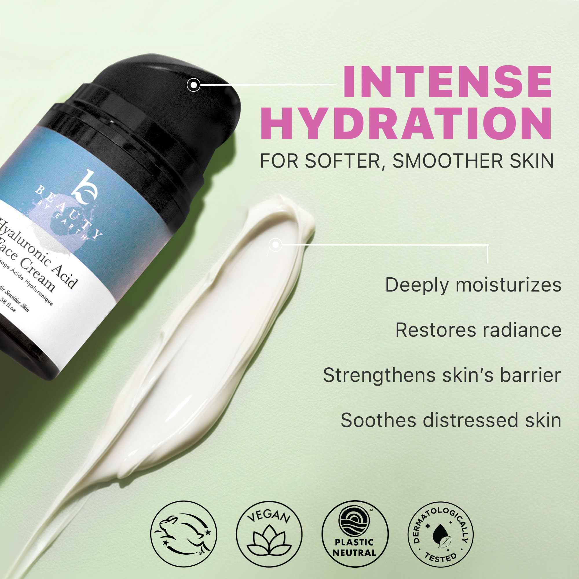 Beauty by Earth hyaluronic acid cream texture close-up shows smooth hydration