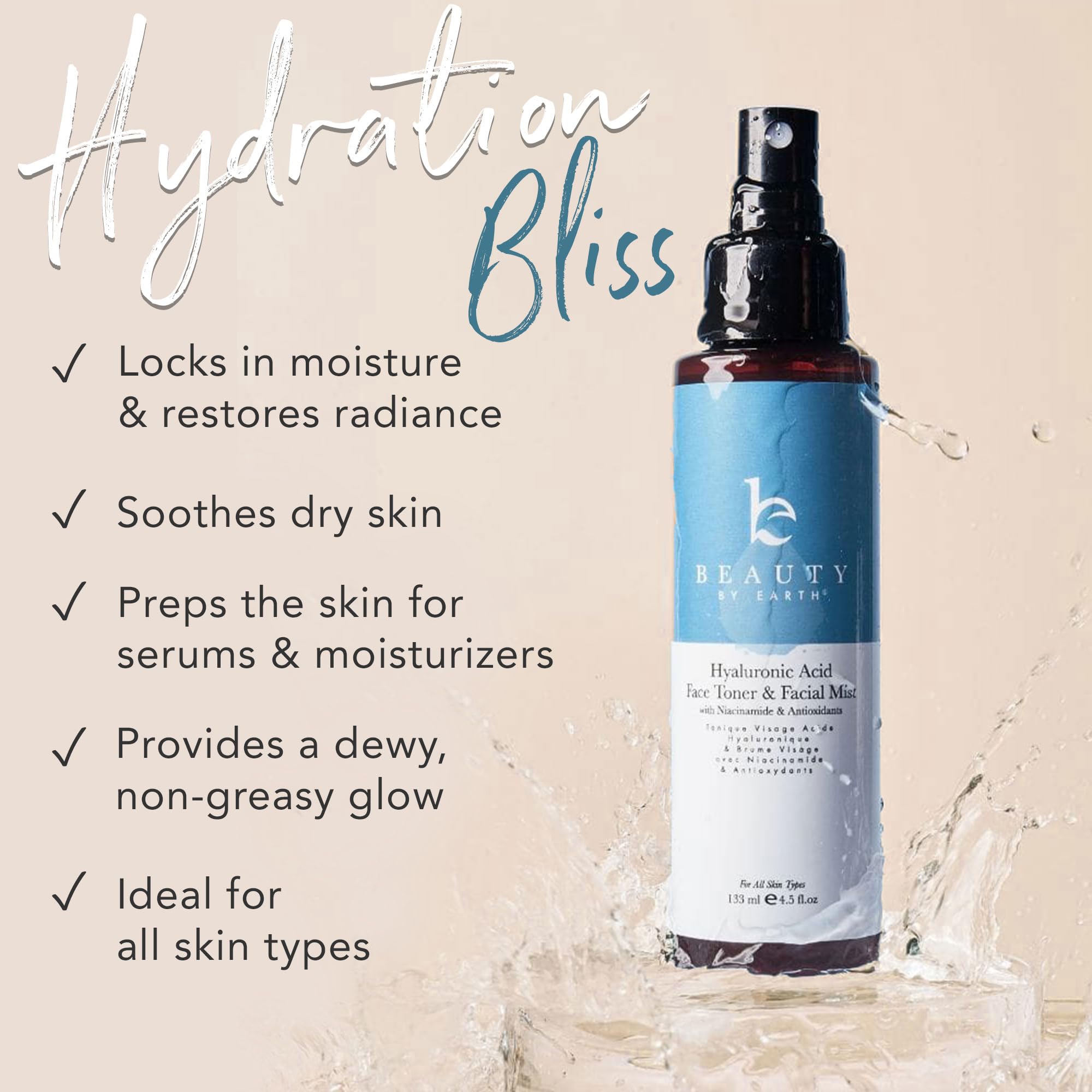 Beauty by Earth Hyaluronic Toner USA-made label signaling quality