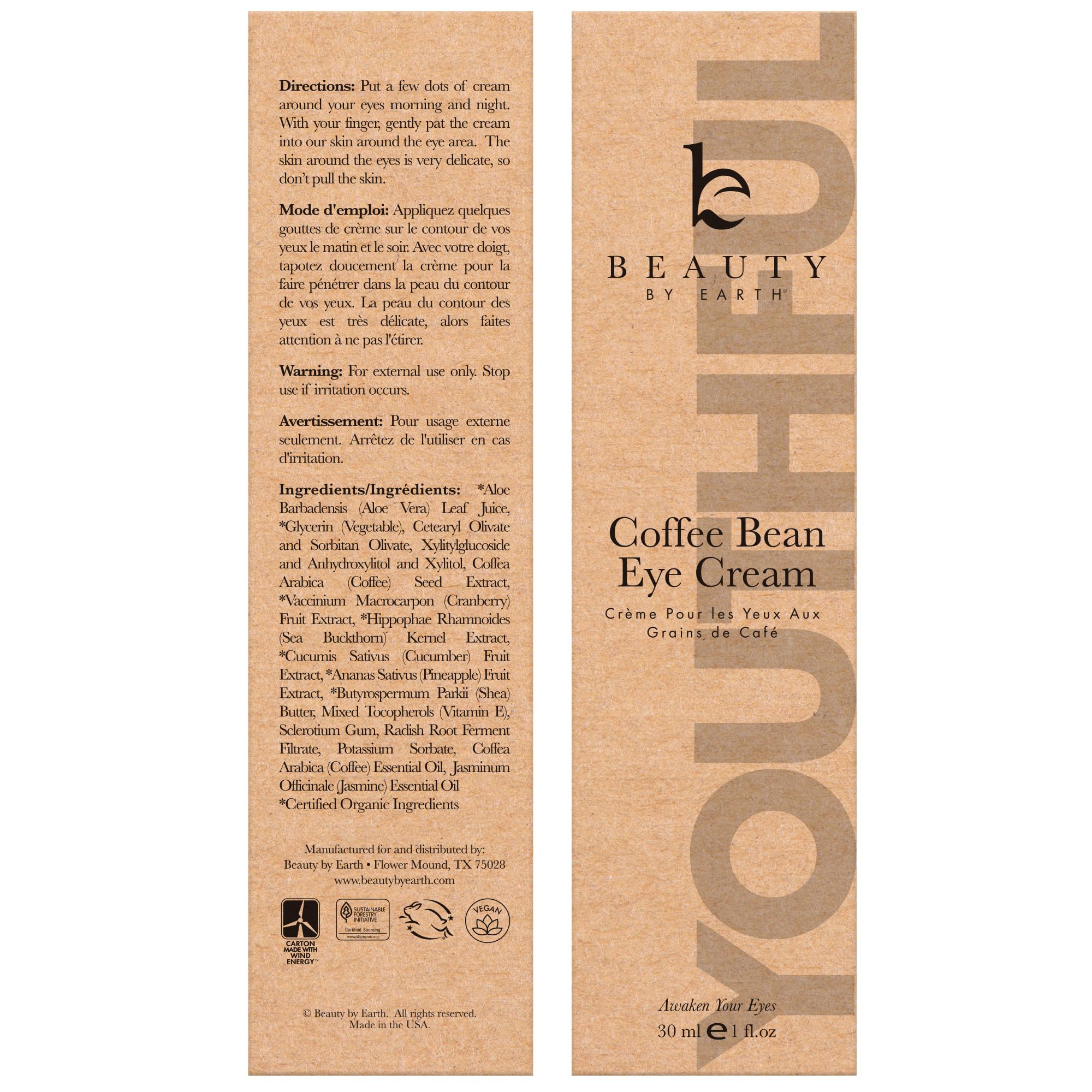 Beauty by Earth ingredient label highlights caffeine and botanicals for gentle care