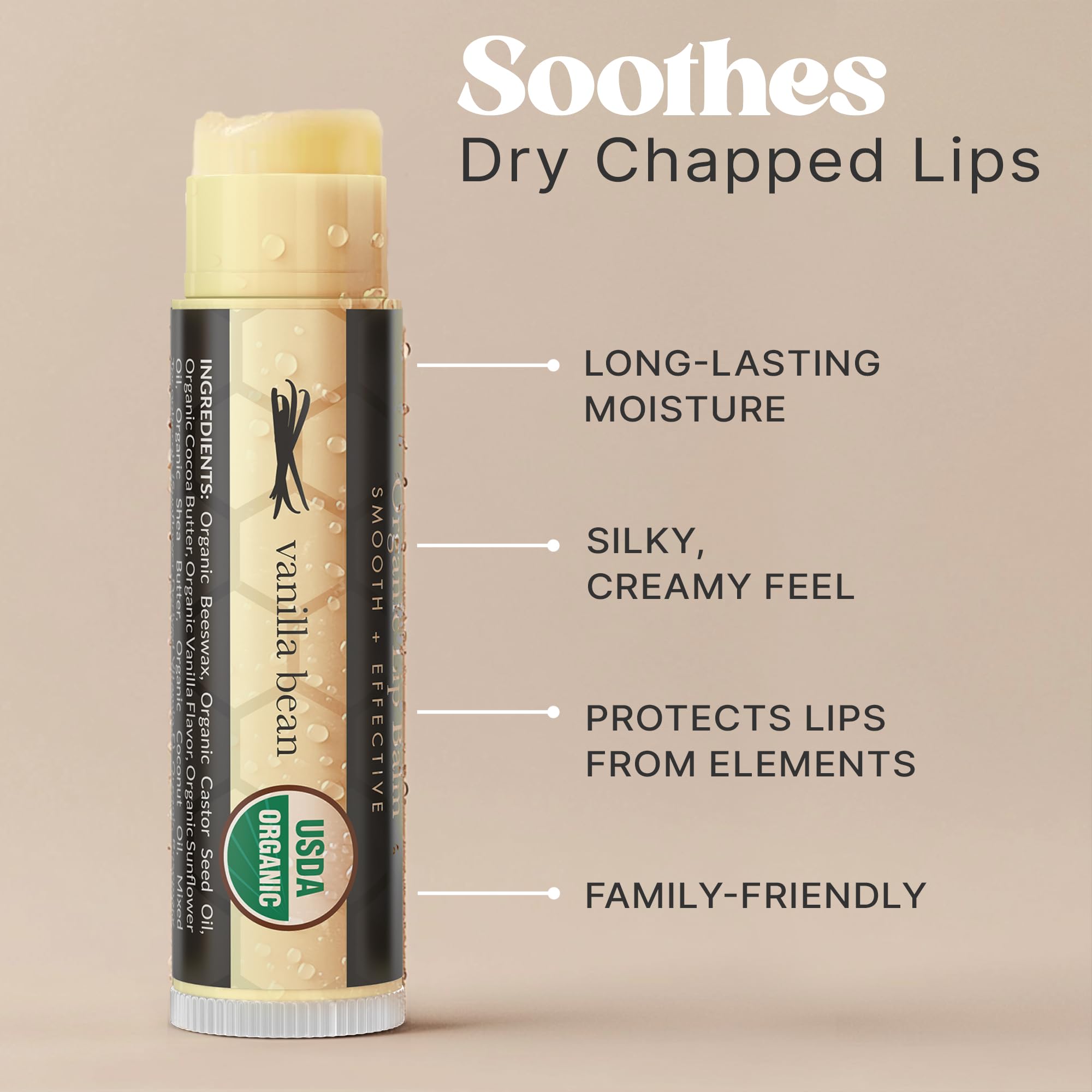 Lip balm texture close-up showing smooth glide and hydration.
