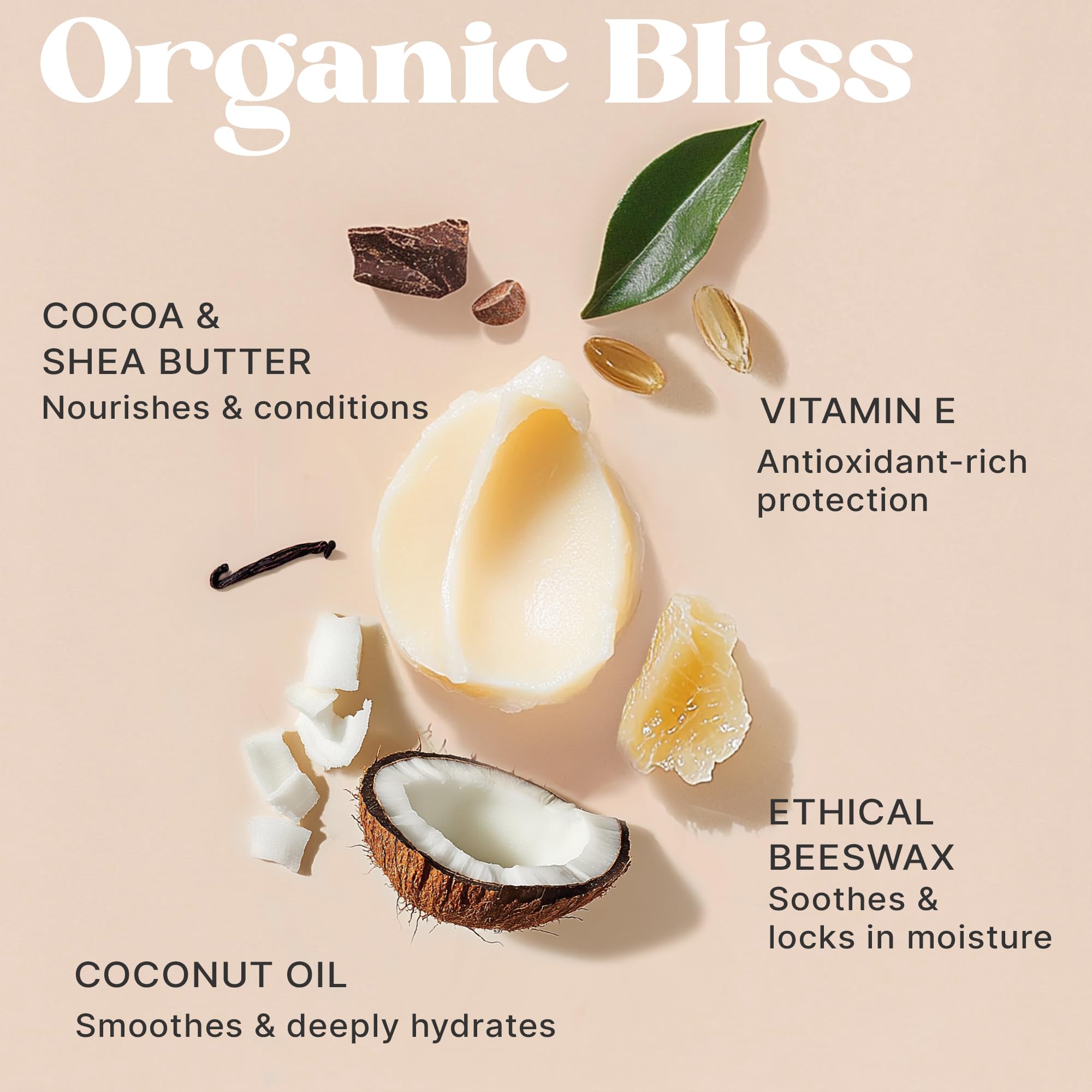 Beauty by Earth natural ingredients panel featuring beeswax and botanicals.