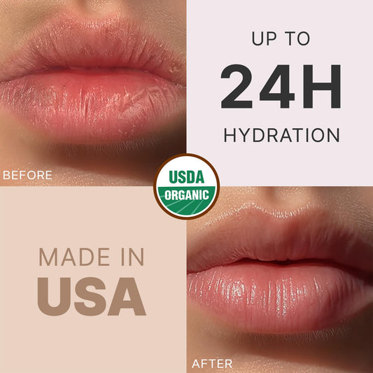 Close-up of Beauty by Earth lip balm texture and smooth application.
