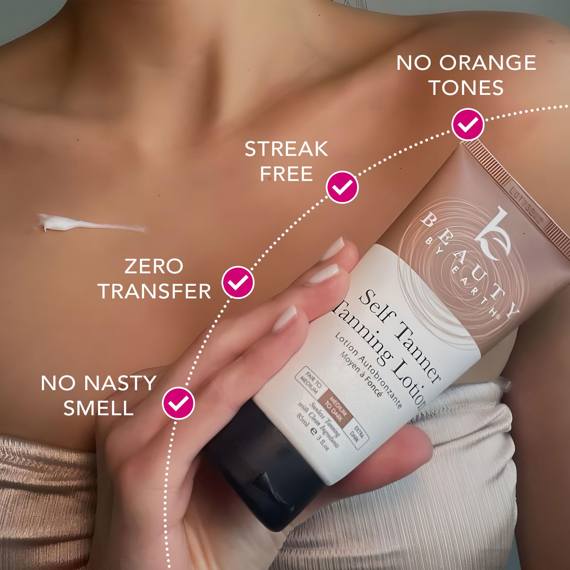 Beauty by Earth quick tan formula delivers bronze color in hours.