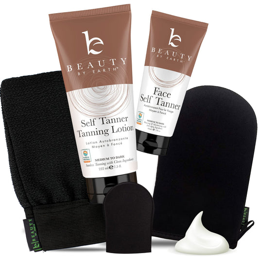 Beauty by Earth self tanner kit front packaging with two shade options for versatility
