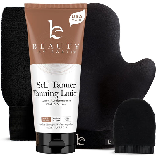 Beauty by Earth self-tanner lotion for an even, natural-looking tan and radiant skin.