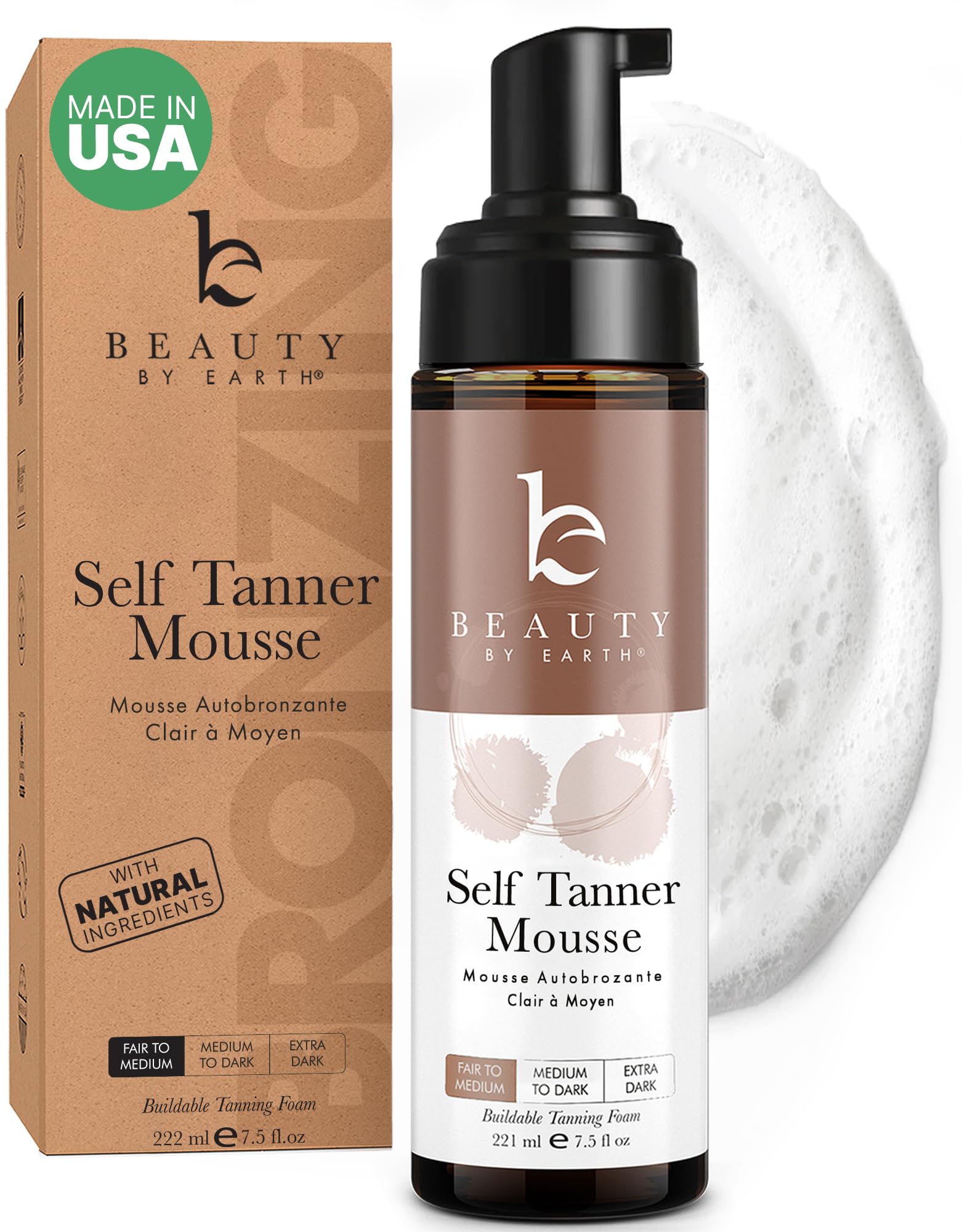 Beauty by Earth self-tanner mousse bottle showing natural, streak-free tan
