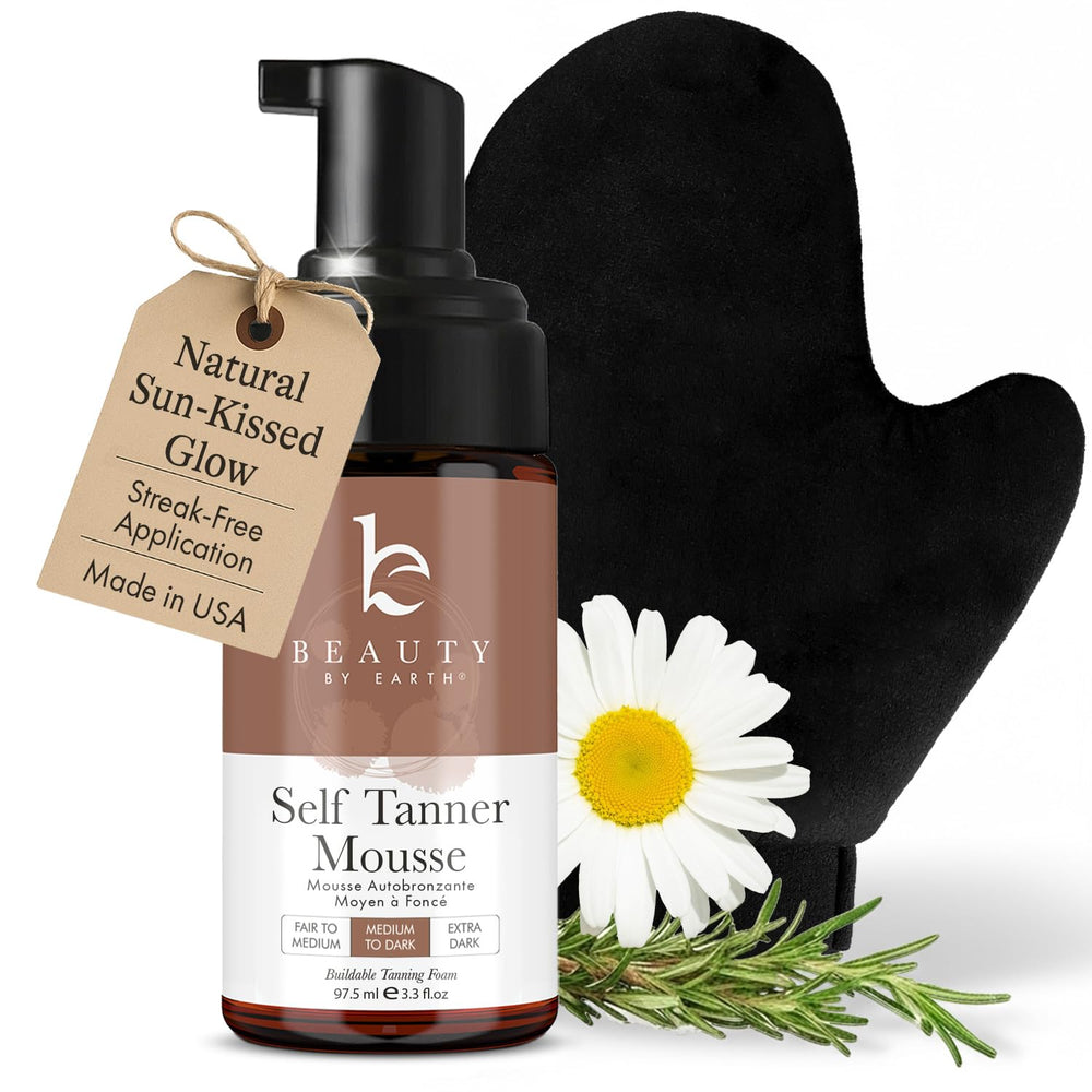 Beauty by Earth self-tanner mousse bottle showcases natural-looking glow.