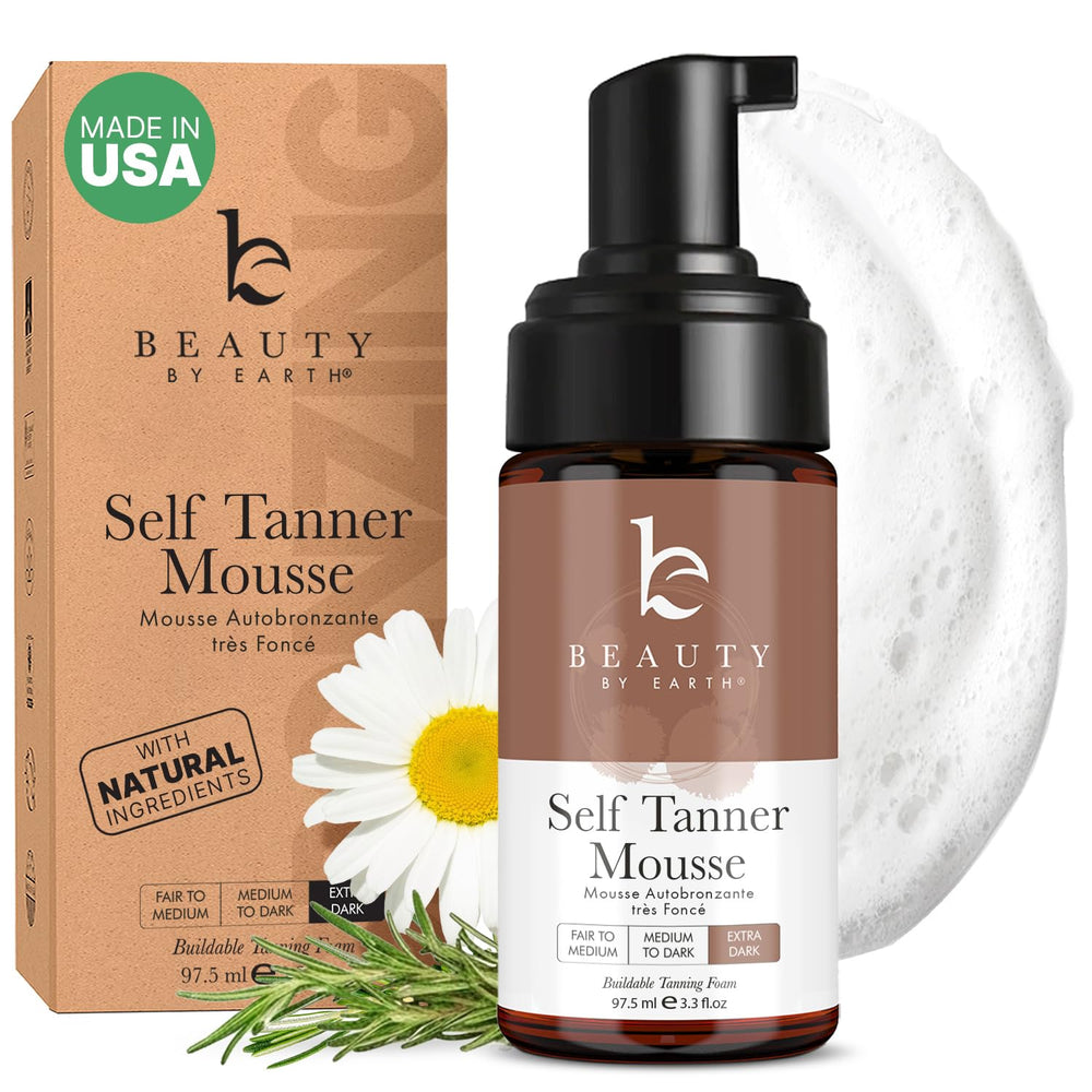 Beauty by Earth Self Tanner Mousse bottle showing ultra-dark bronze finish for natural glow