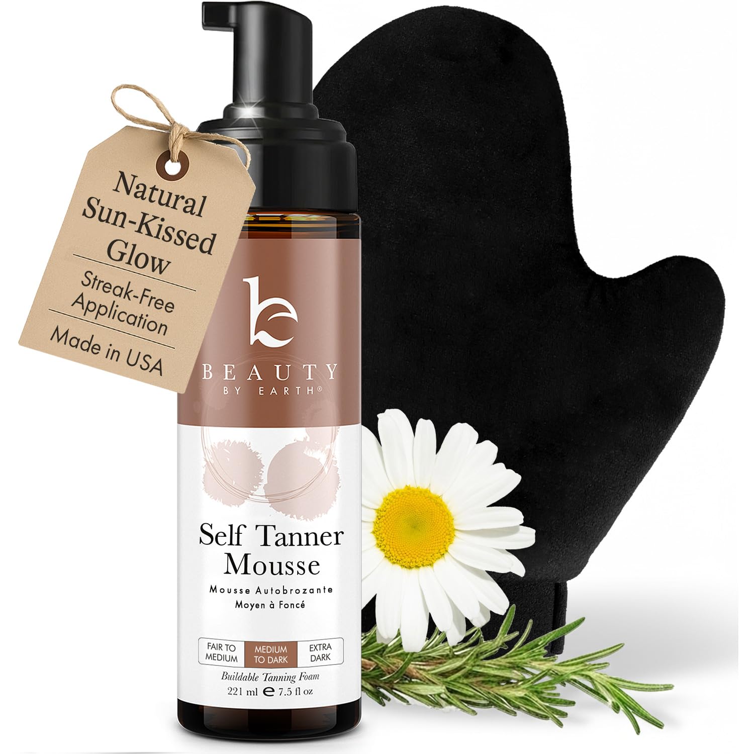 Beauty by Earth self-tanner mousse kit packaging highlights USA-made quality and natural ingredients.