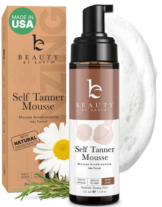 Beauty by Earth self tanner mousse packaging highlights vegan, USA-made formula