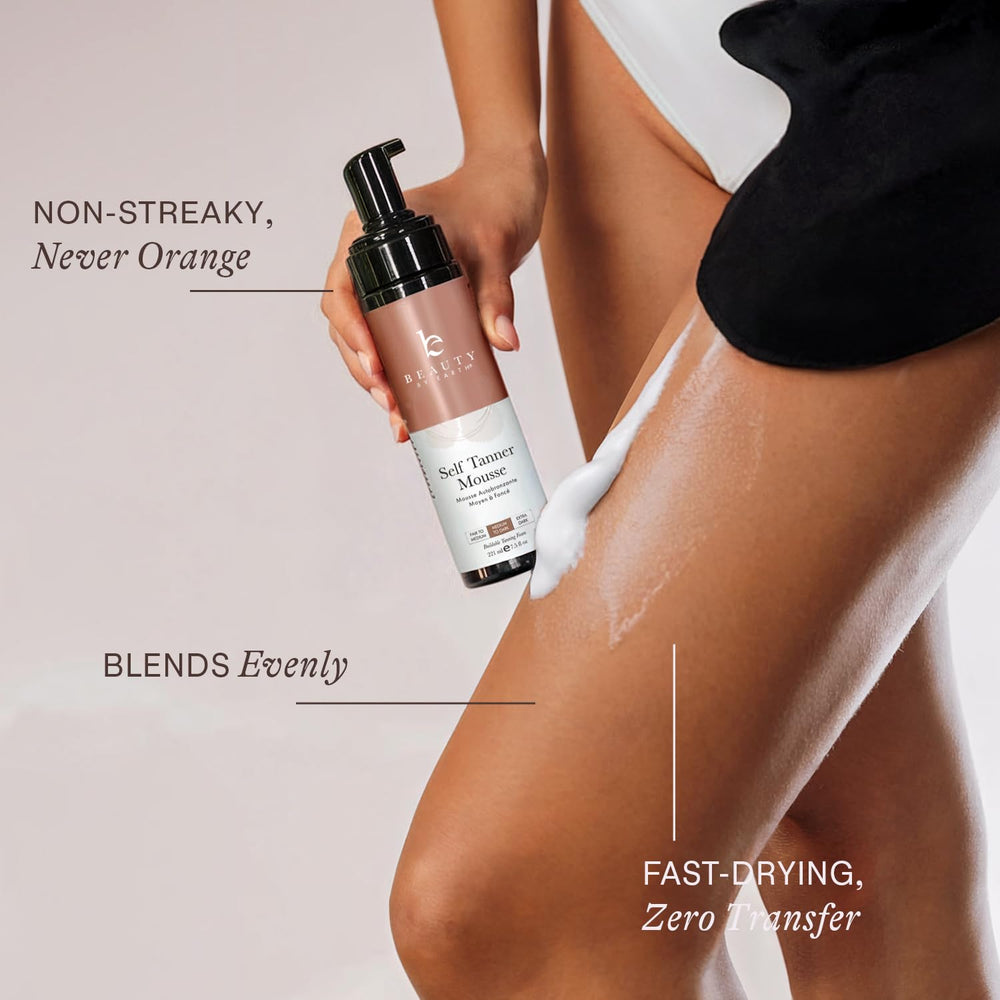 Beauty by Earth self-tanner mousse tube highlights easy, fast color development.