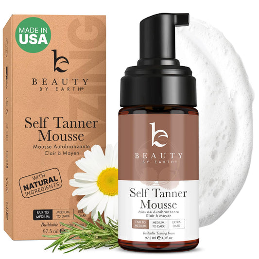 Beauty by Earth self tanner mousse USA-made for a natural glow.