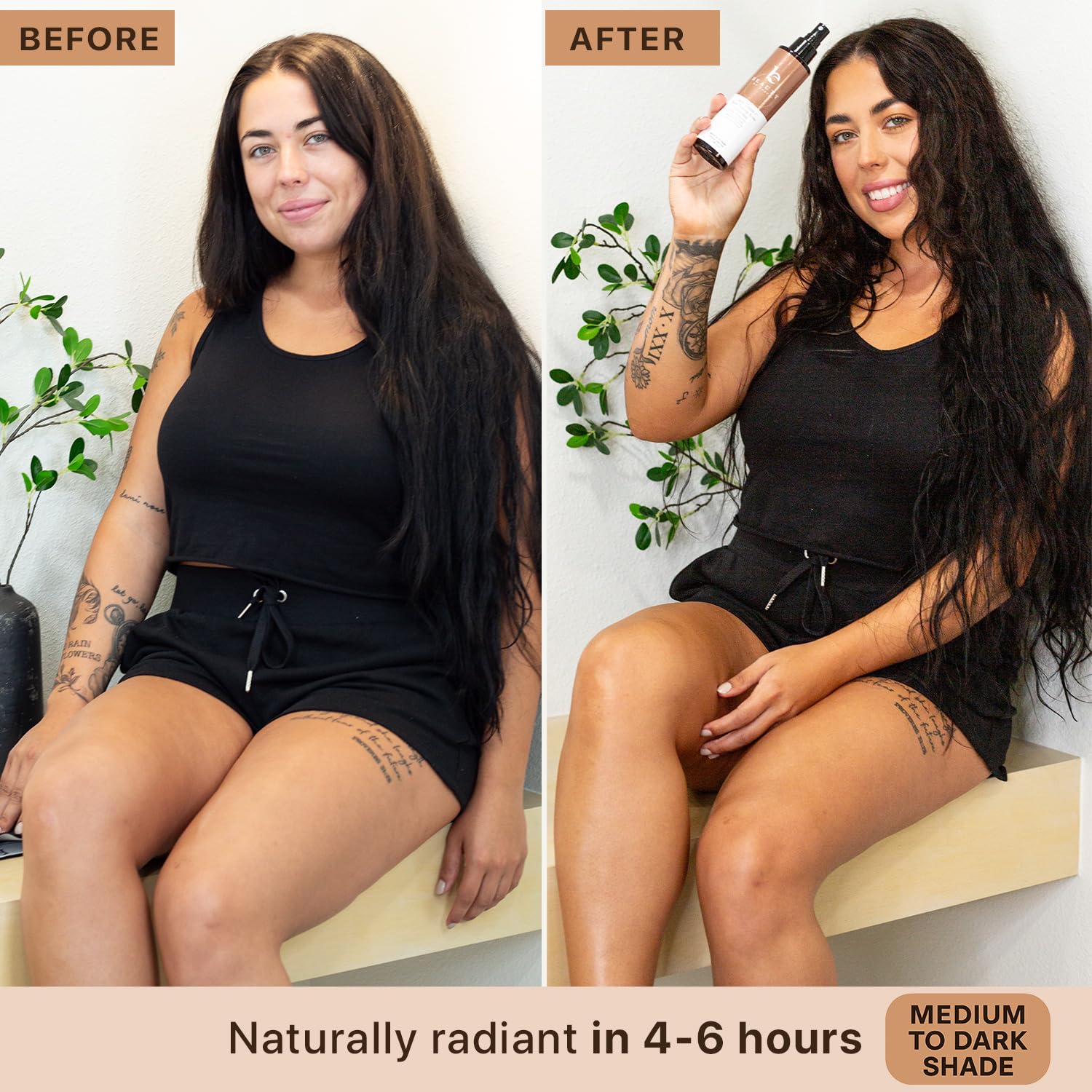 Beauty by Earth Self Tanner spray used with mitt for even, streak-free application