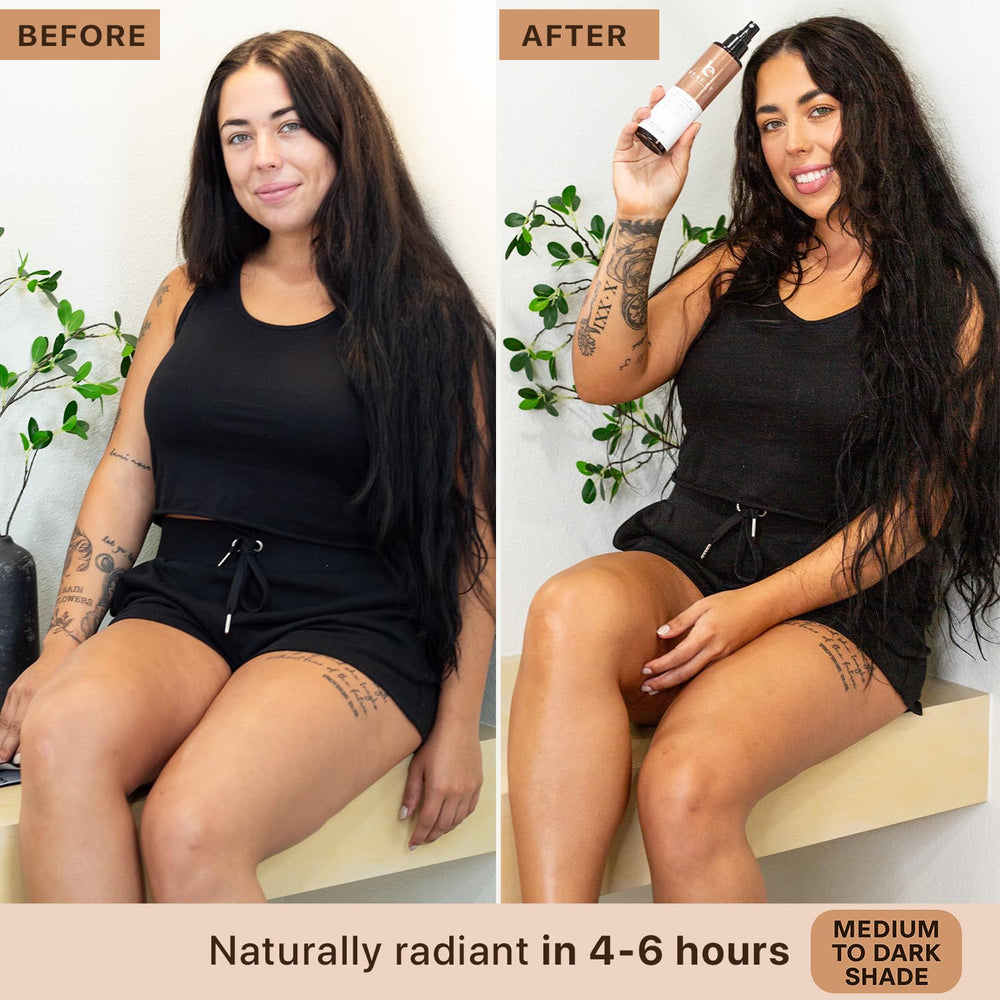 Beauty by Earth Self Tanner spray used with mitt for even, streak-free application