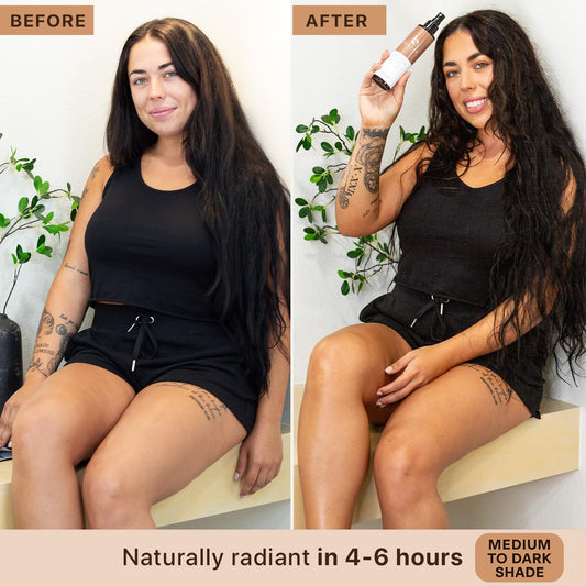 Beauty by Earth Self Tanner spray used with mitt for even, streak-free application
