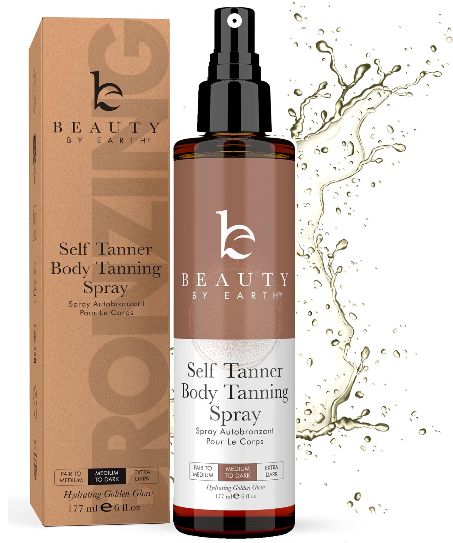 Beauty by Earth Self Tanner Spray bottle close-up showing clean, natural tan
