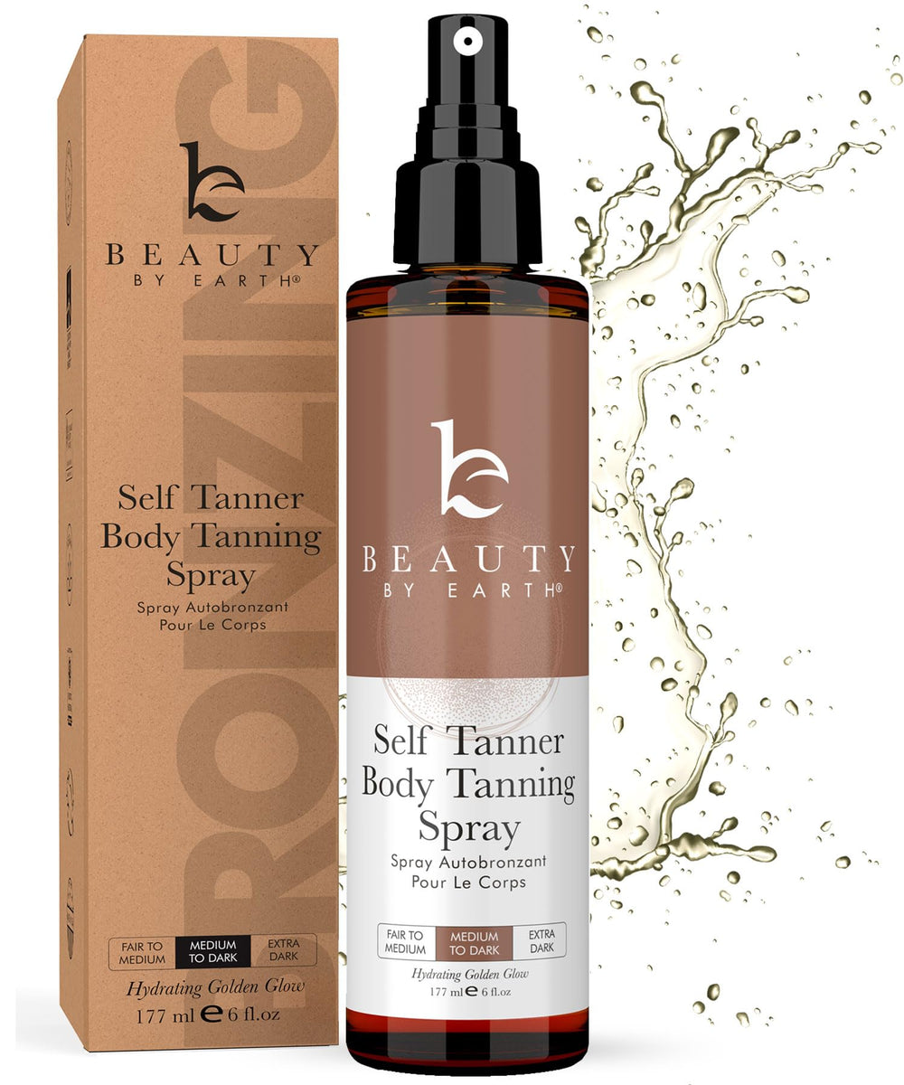 Beauty by Earth Self Tanner Spray bottle close-up showing clean, natural tan
