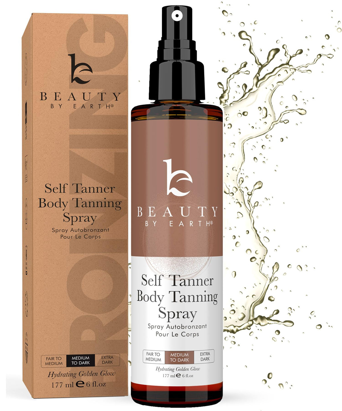 Beauty by Earth Self Tanner Spray bottle close-up showing clean, natural tan