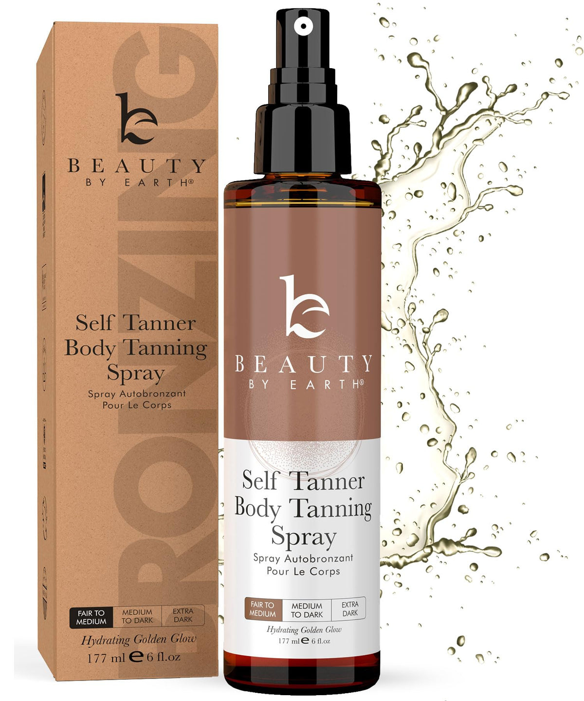 Beauty by Earth Self Tanner Spray bottle close-up for even, natural-looking color.