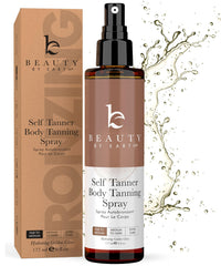 Beauty by Earth Self Tanner Spray bottle close-up for even, natural-looking color.