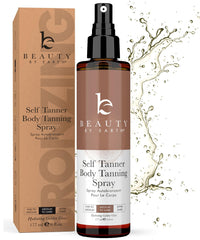 Beauty by Earth Self Tanner Spray bottle close-up showing clean, natural tan
